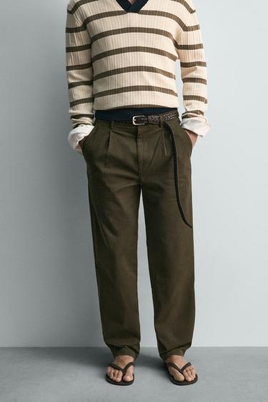 PANTALON CHINO À PLIS - Vert de Zara