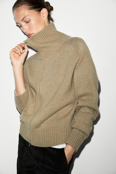 100% wool knit zip-up cardigan — Greenish 1