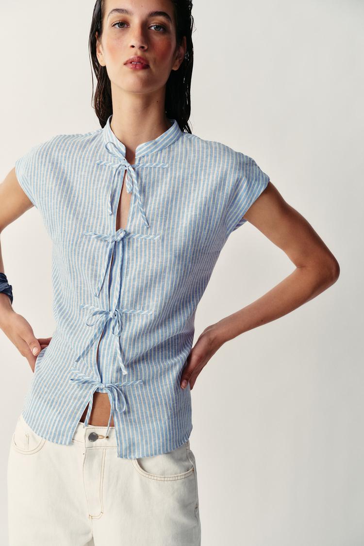 Blusa a rayas con hilo metálico y lazos 2