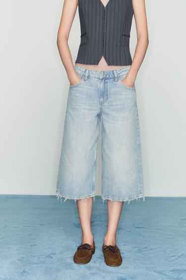 LOW-RISE RIPPED TRF DENIM JORTS BERMUDA SHORTS - Light blue by Zara