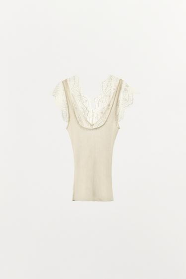KNIT TOP WITH LACE TRIM - Ecru by Zara - Image 4
