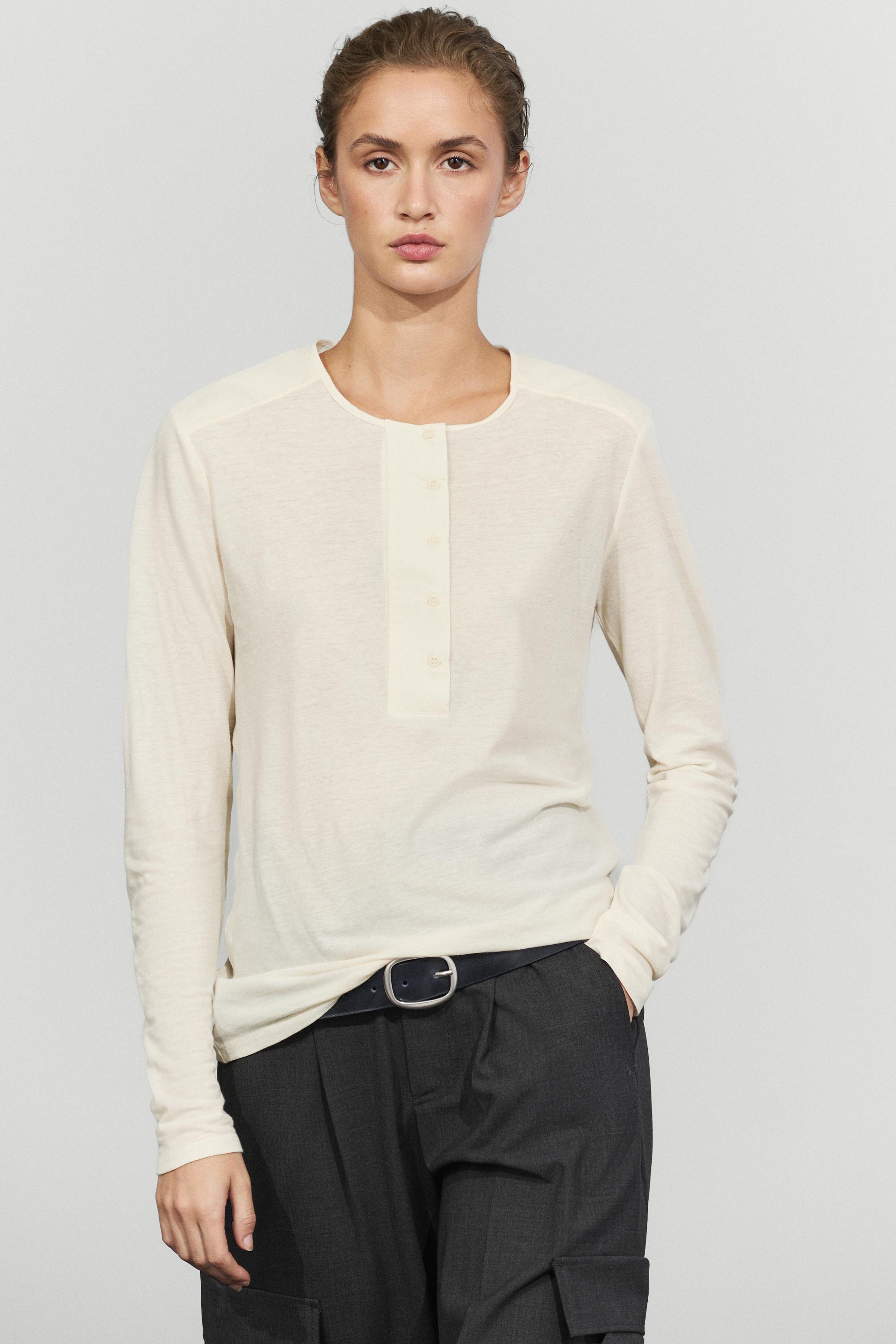 100% cotton long sleeve henley  T-shirt with padded shoulders