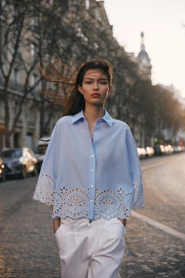 CAMISA POPELÍN BORDADOS PERFORADOS - Azul / Blanco de Zara - Imagen 0