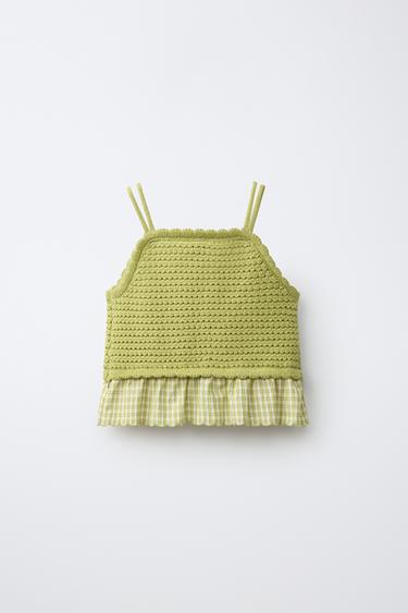 KNIT TOP WITH GINGHAM AND EMBROIDERY - Light green by Zara