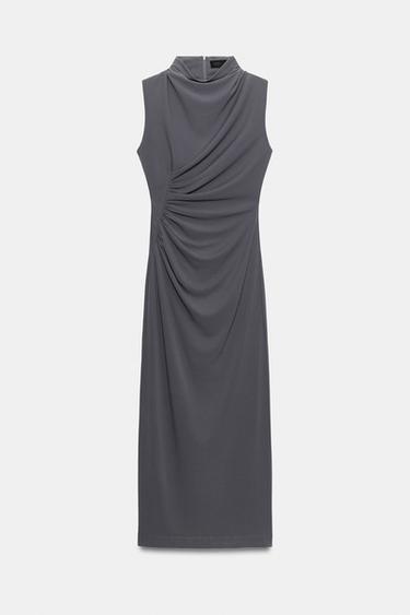VESTIDO CUELLO SUBIDO DRAPEADO - Plomo de Zara