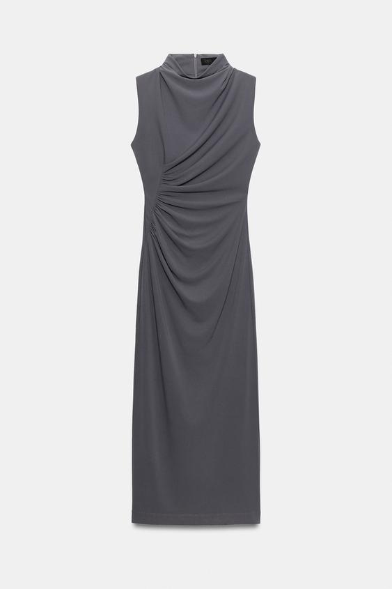 VESTIDO CUELLO SUBIDO DRAPEADO - Plomo de Zara - Imagen 0