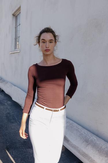 BOAT NECK T-SHIRT - Burgundy by Zara