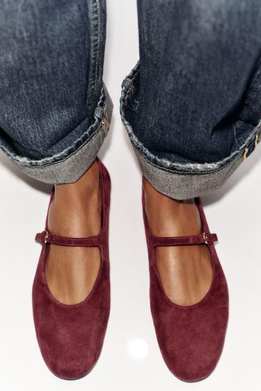SUEDE BALLERINAS WITH BUCKLE - Burgundy Red by Zara - Image 1