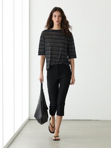Zara Striped linen 3/4 sleeve knit T-shirt - Black - Image 0