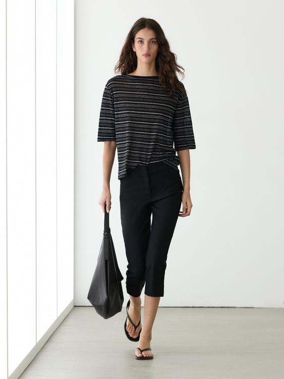Striped linen 3/4 sleeve knit T-shirt from Zara - $80