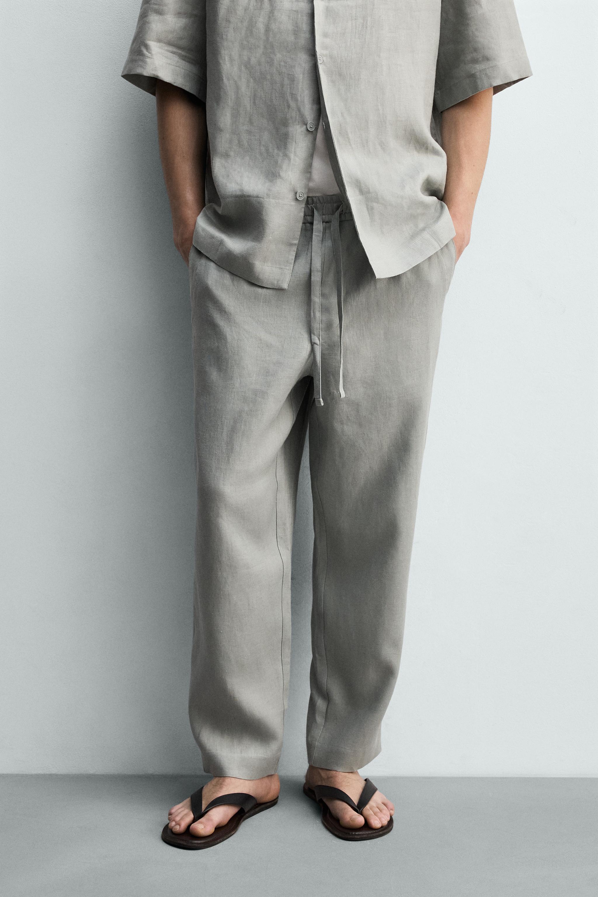 RELAXED FIT 100% LINEN PANTS — Light gray