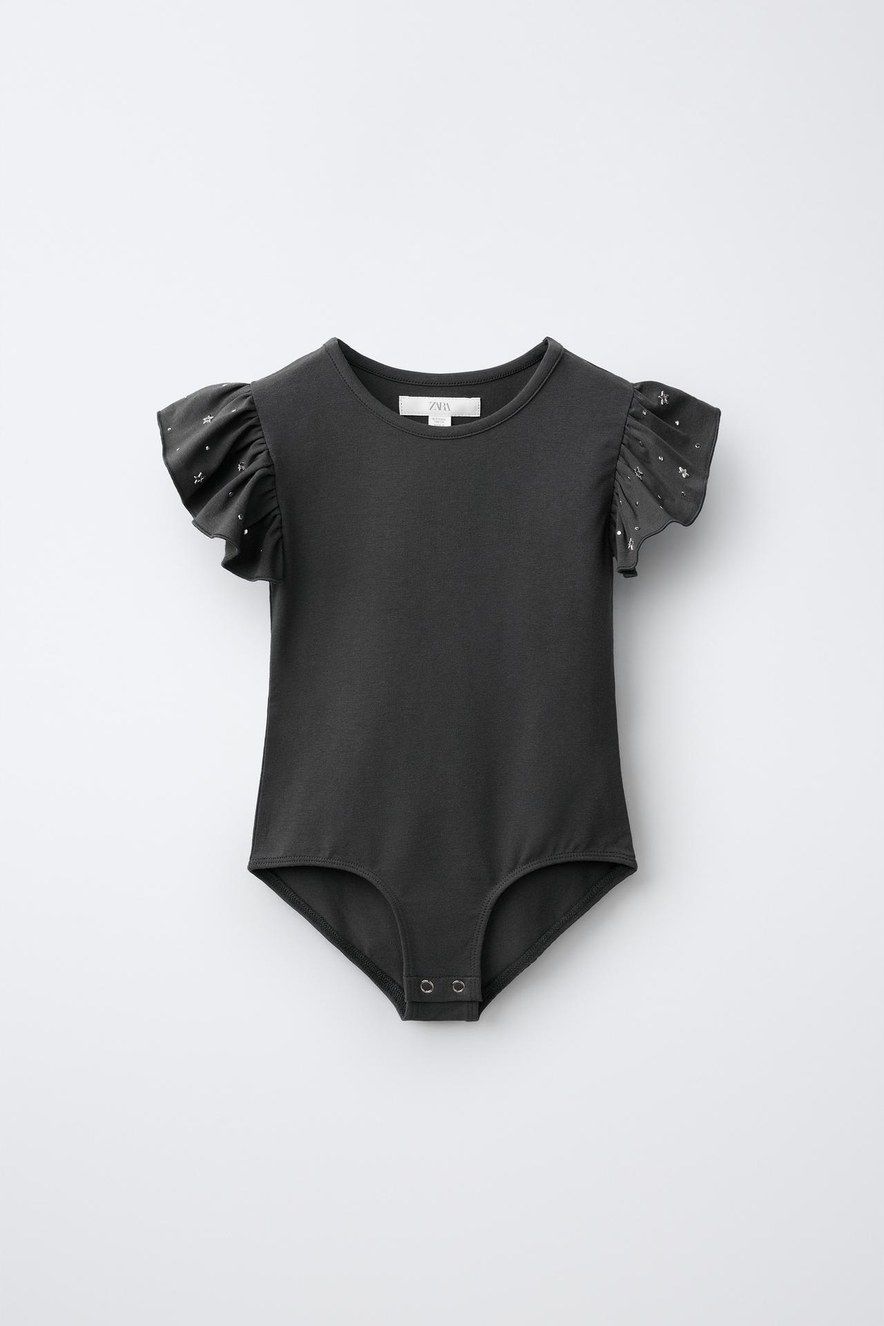 STUDDED RUFFLE SLEEVE BODYSUIT — Anthracite grey