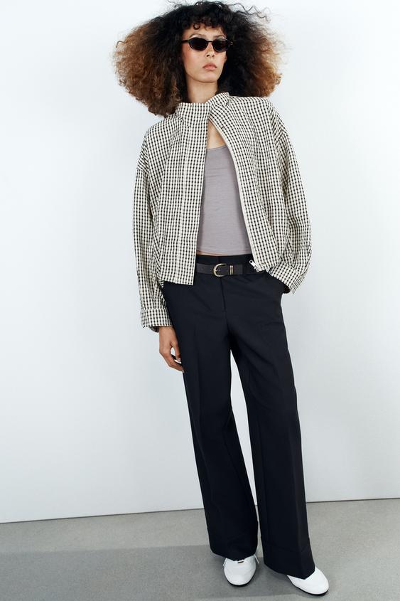 Zara PLAID BOMBER JACKET - Black / Ecru - Image 0