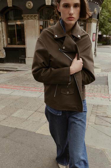 FAUX SUEDE BIKER JACKET - Khaki by Zara - Image 1