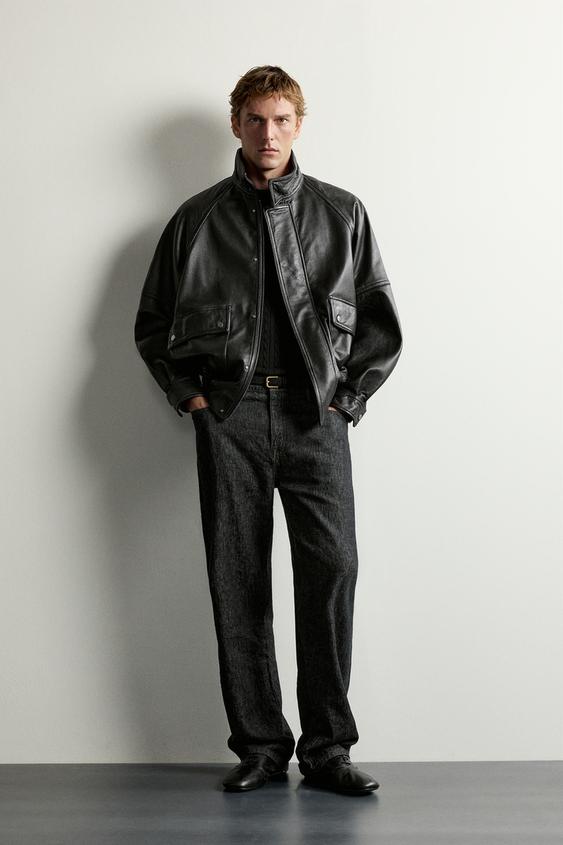 Zara RELAXED FIT LEATHER JACKET - Black - Image 0