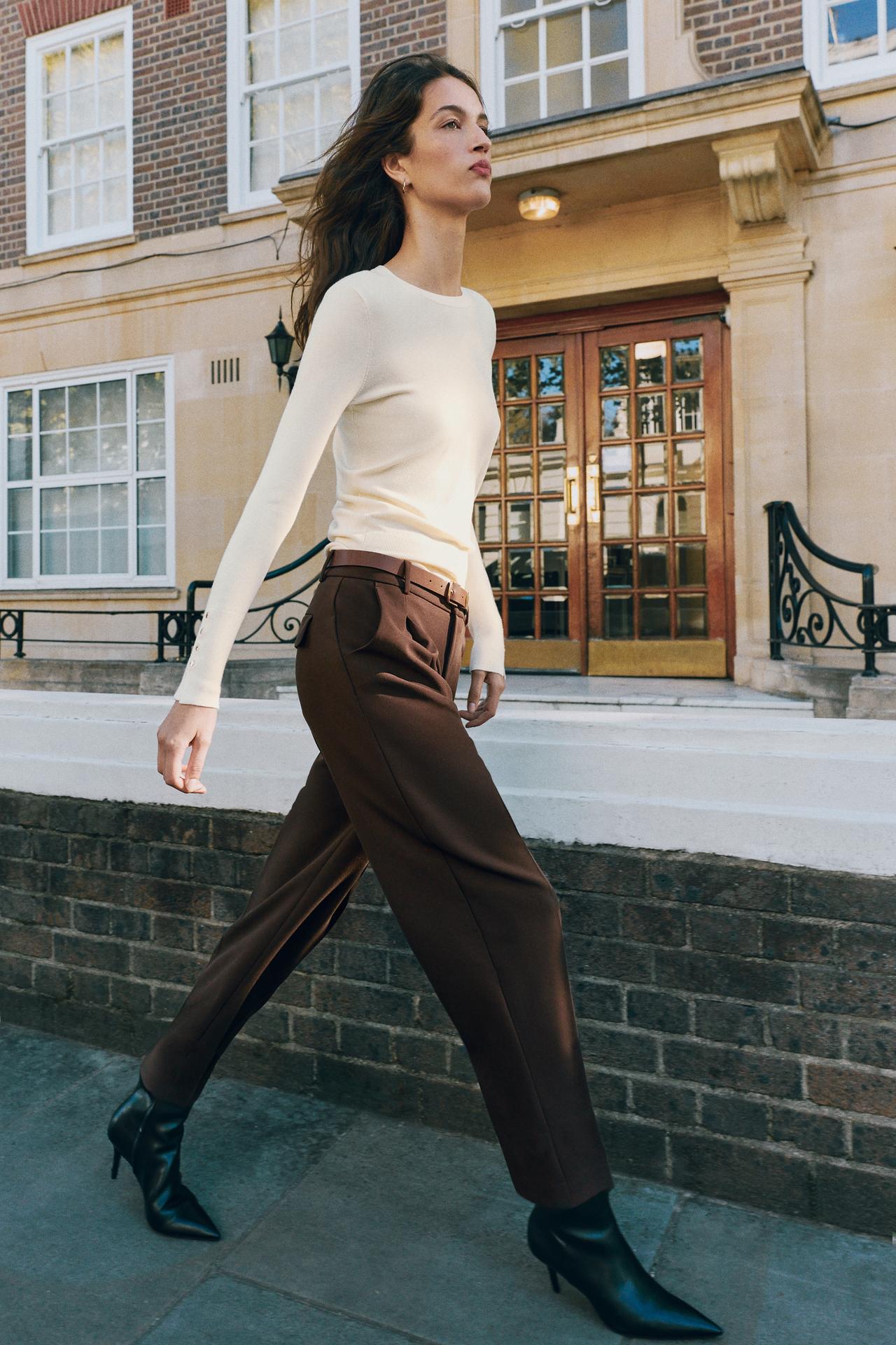 BELTED ANKLE PANTS — Dark brown