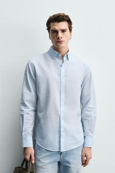 REGULAR FIT COTTON/LINEN SHIRT - Sky blue by Zara