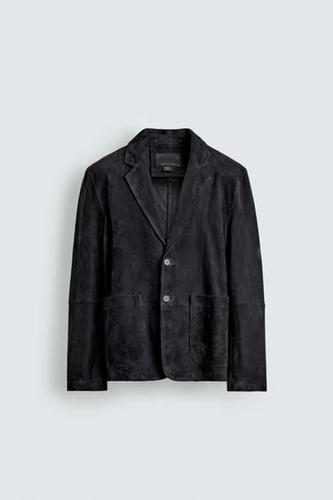 BLAZER بقصة عادية من الجلد السويدي - بحري داكن by Zara