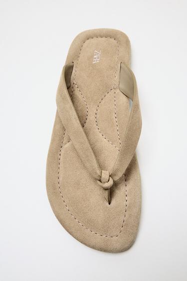 Zara LEATHER FLAT SANDALS - Beige