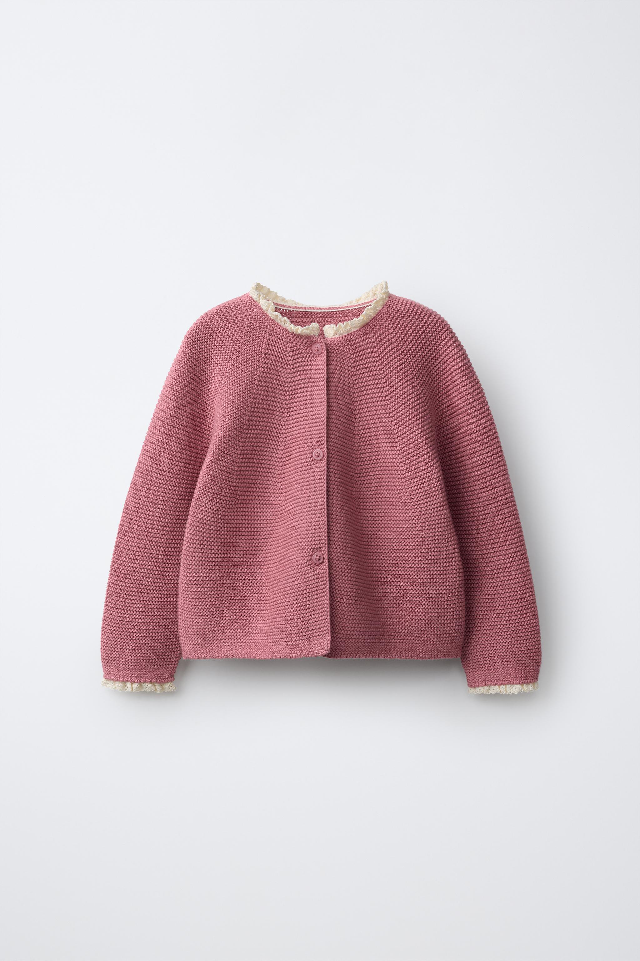 CONTRAST LACE KNIT CARDIGAN — Pink