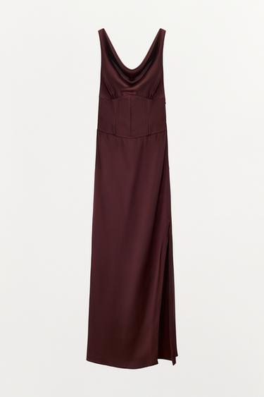 SATIN DRAPED NECKLINE DRESS - bordeaux/ecru by Zara - Image 3