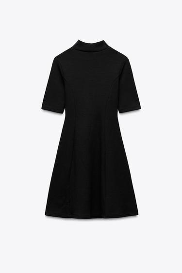 Zara STRETCH KNIT SKATER DRESS WITH BELT - Black
