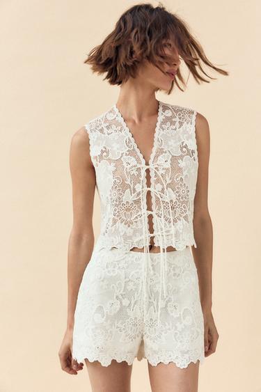 Zara EMBROIDERED TIE VEST - White