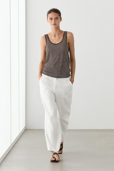 Zara Striped strappy linen top - Brown - Image 0