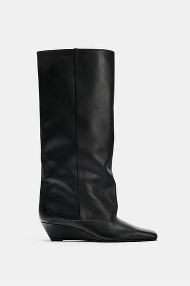 BOTTES EN CUIR À TALONS COMPENSÉS - Noir de Zara