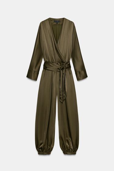 ZW COLLECTION SATIN JUMPSUIT WITH PUFFED HEMS - Dark khaki by Zara