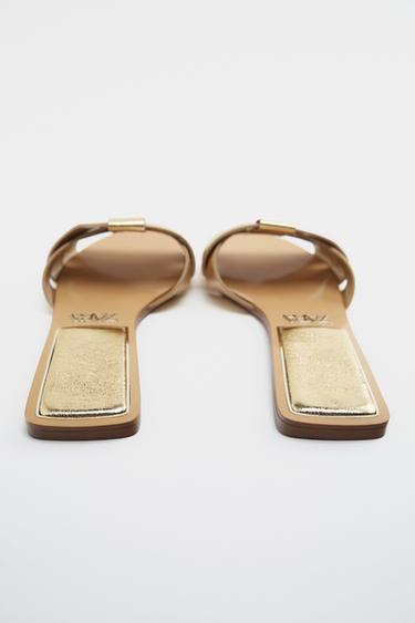FLAT CRISS-CROSS LEATHER SLIDER SANDALS - Gold by Zara - Image 5
