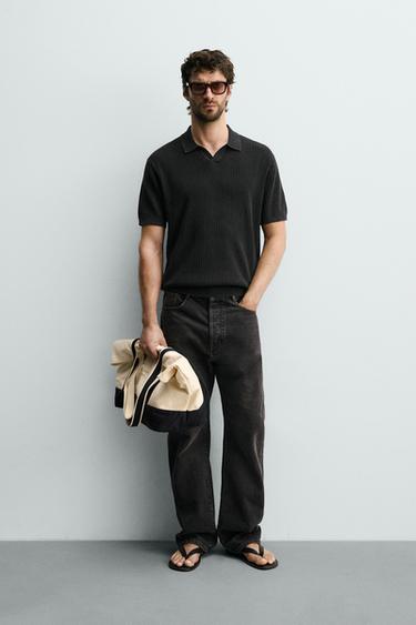Zara REGULAR FIT TEXTURED KNIT POLO - Faded black