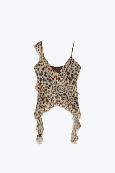 PRINTED TULLE TOP WITH RUFFLES - Leopard by Zara