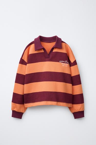 STRIPED POLO SWEATSHIRT WITH EMBROIDERED SLOGAN - Burgundy by Zara