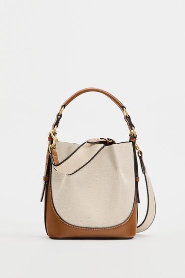 CANVAS BUCKET BAG WITH TOPSTITCHING - Dark tan by Zara