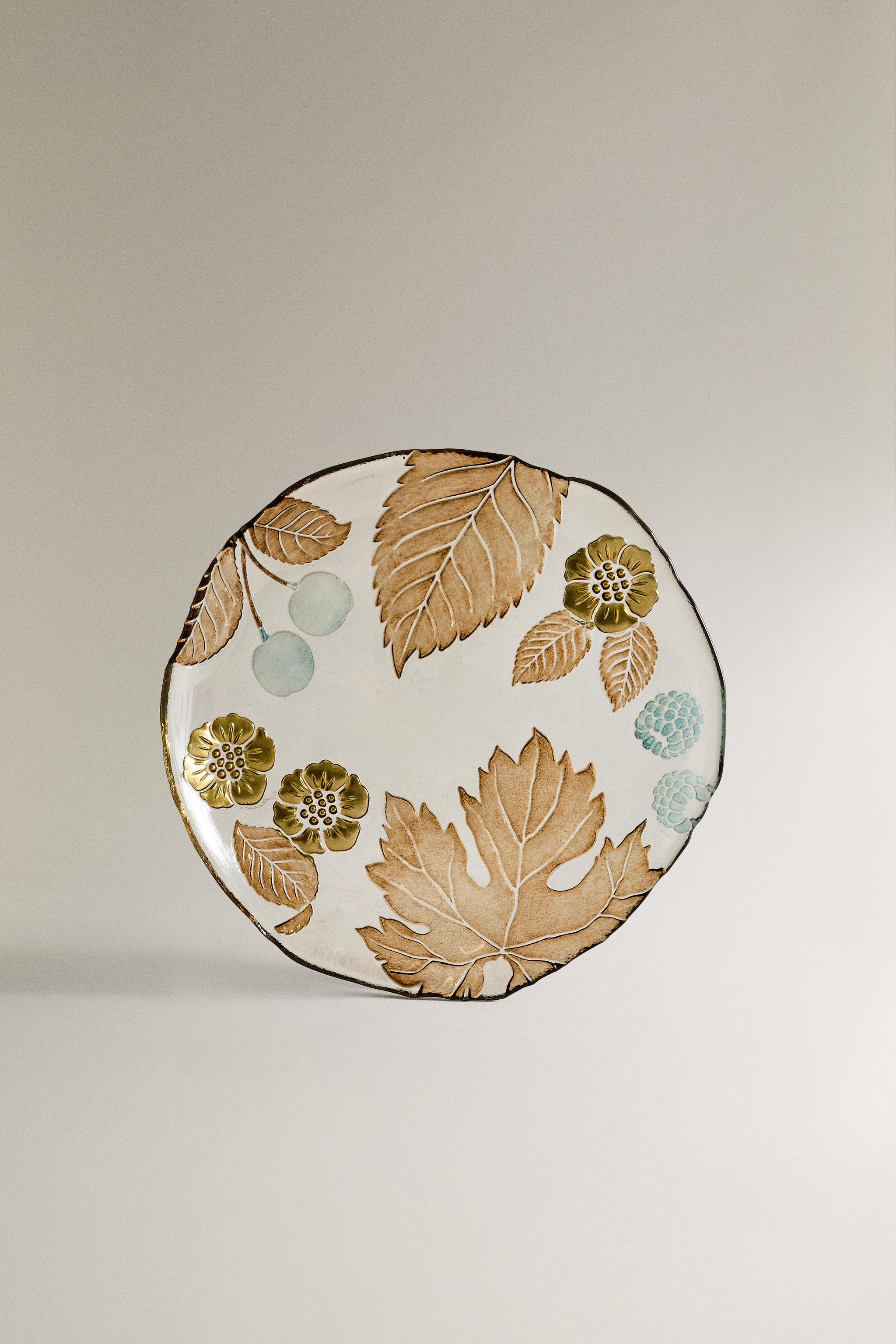 ASSIETTE À DESSERT VERRE FLEURS FEUILLES