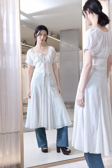 Zara 中長版雪紡紗拼接洋裝 - 白色