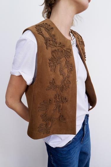 Zara EMBROIDERED FAUX SUEDE VEST - Tobacco Brown