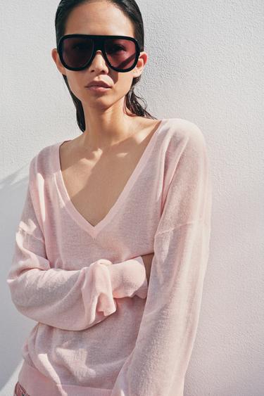 FINE KNIT V-NECK JUMPER - Pastel pink by Zara