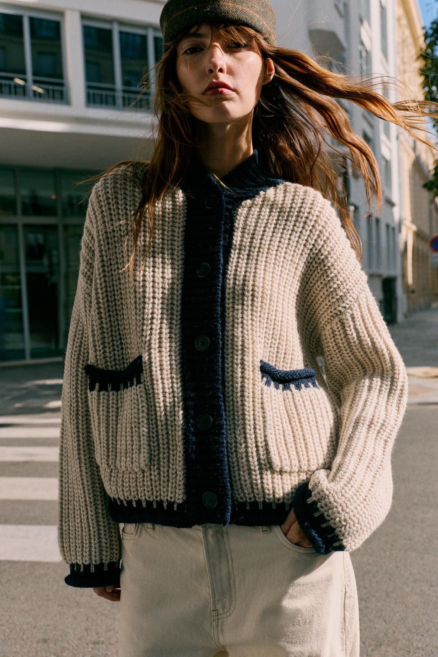 Женский кардиган Zara Contrast Trim, цвет: Светлый верблюжий — фото 3