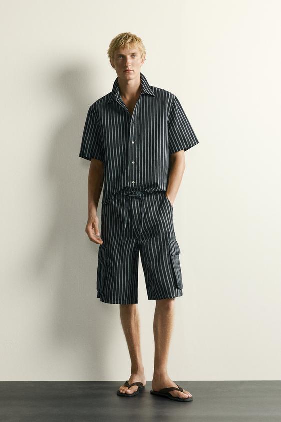 STRIPED COTTON-LINEN DENIM CARGO BERMUDA SHORTS - blue/black by Zara - Image 0