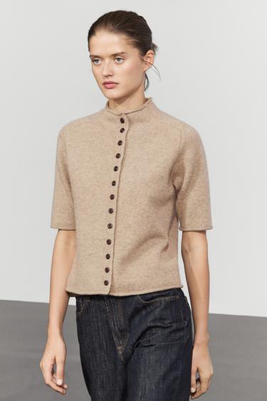 100% wool funnel neck knit cardigan — Beige marl 2