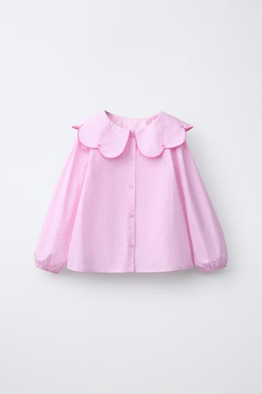 ÁO SƠ MI KẺ CỔ THÊU - Màu hồng dịu từ Zara - Hình ảnh 0