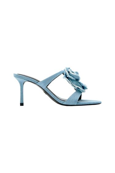 FLORAL HIGH HEELED DENIM SANDALS