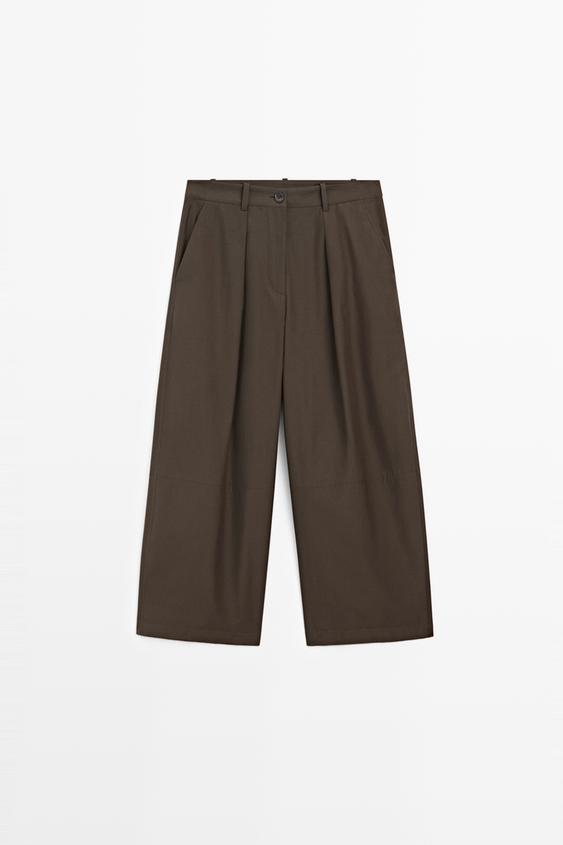 Zara Cotton blend poplin wide-leg pants - Khaki - Image 0