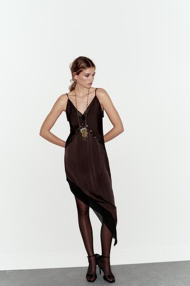 ASYMMETRIC SATIN MIDI DRESS - Brown by Zara