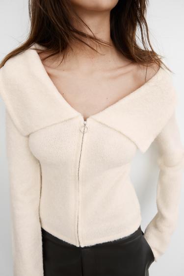 Zara LAPEL ZIPPER TOP - Ecru
