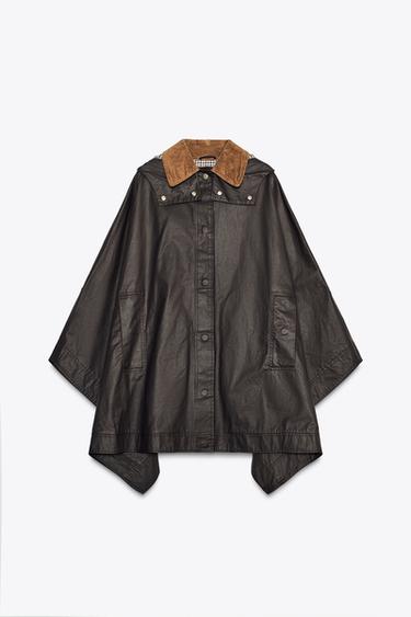Zara WAXED CAPE WITH CORDUROY COLLAR ZW COLLECTION - Chocolate - Image 0