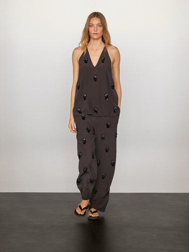 Pantalón fluido apliques flor - Azul / Índigo de Zara