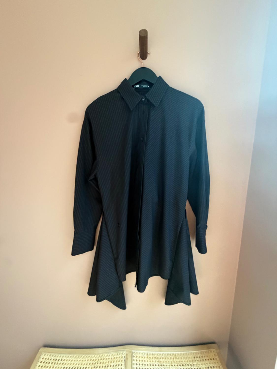BLACK PINSTRIPE DRAPED ASYMMETRIC SHIRT MINI DRESS SIZE S BNWT 45.99 - Image 5